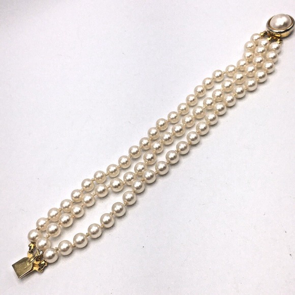 Vintage Glass Pearl Hand Knotted Multi-Strand Bracelet Faux Mabe Pearl Box Clasp - Picture 3 of 7